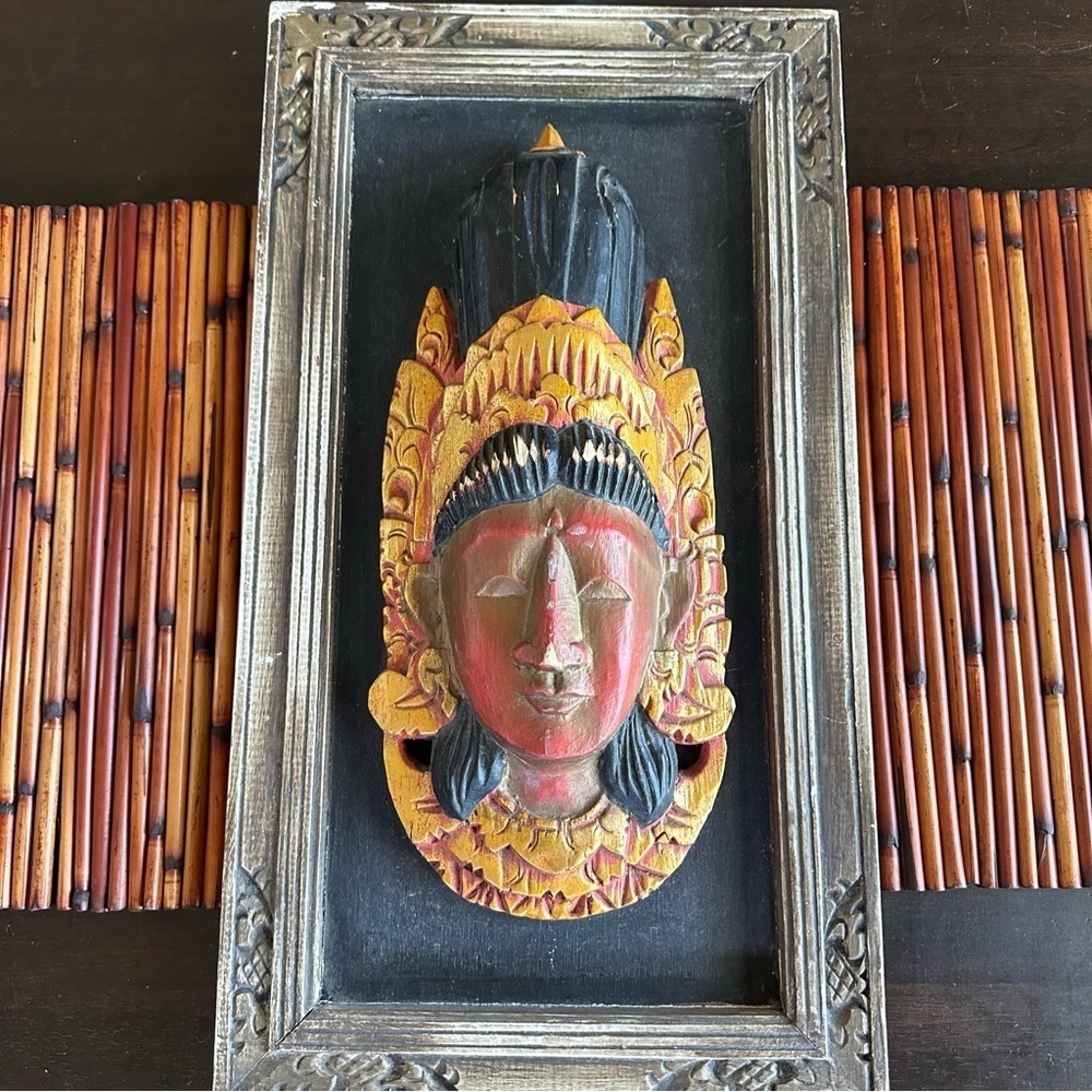 Hand Wooden Carved Sculpture Red Face Buddha Framed Tribal‎ Statement Art